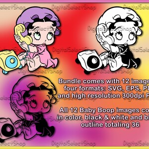 May include: A digital clipart bundle of 12 images featuring Baby Boop on the phone. The images are in four formats: SVG, EPS, PDF, and PNG. The images are in colour, black and white, and black outline.