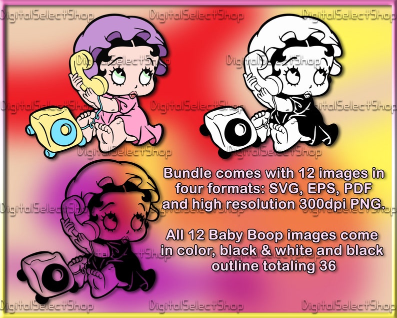 May include: A digital clipart bundle of 12 images featuring Baby Boop on the phone. The images are in four formats: SVG, EPS, PDF, and PNG. The images are in colour, black and white, and black outline.
