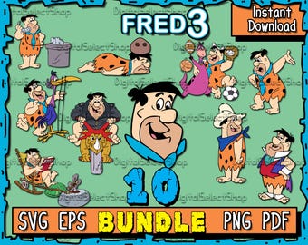 Fred Flintstones SVG-Bundle, drittes SVG-Paket, PNG, PDF, EPS, Dateien für Cricut, SVG-Bundle, Cricut Schnitt, niedlich, Flintstones Pack