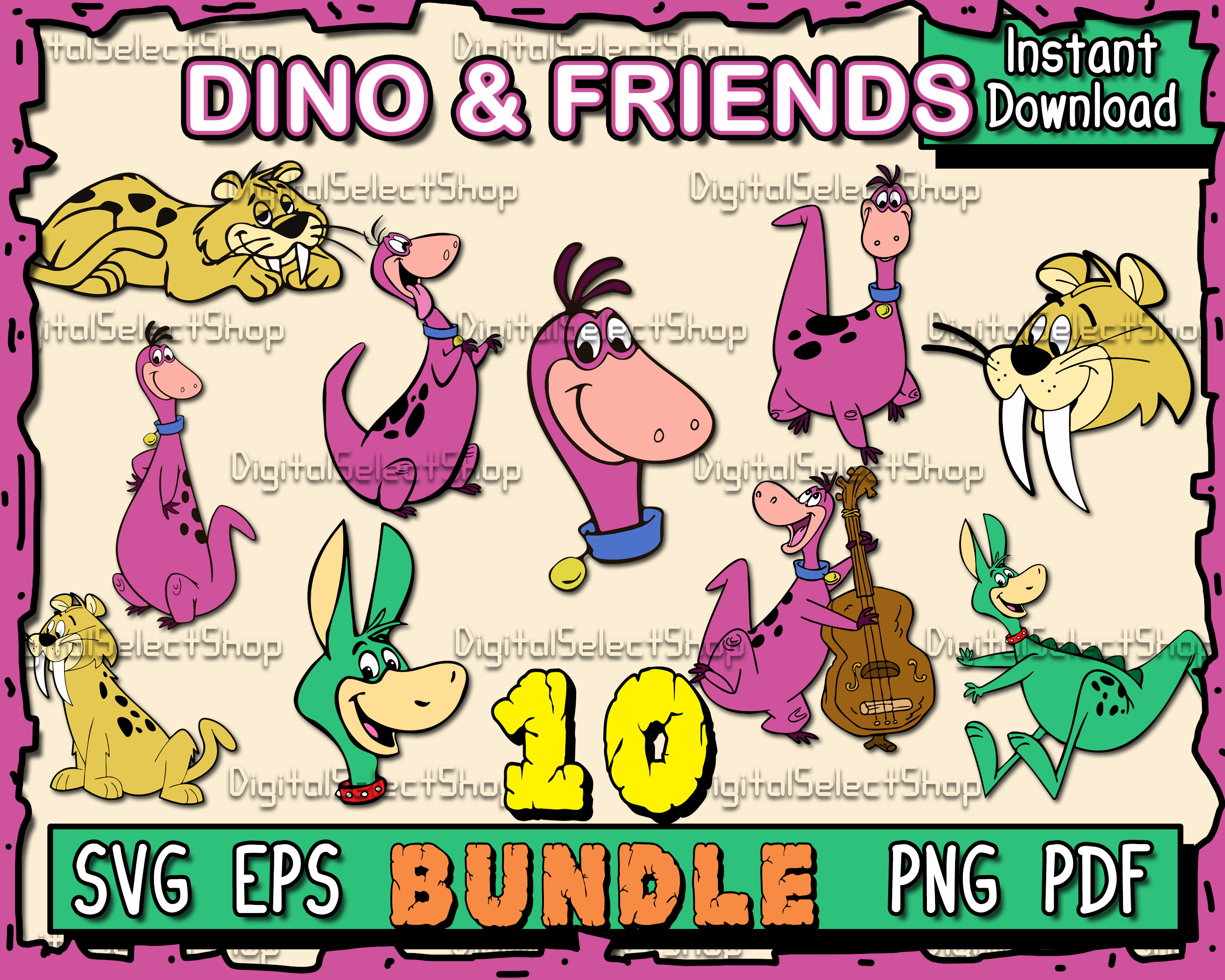 Dino Flintstones Svg Bundle, Svg Pack, Layered Svg, PNG, PDF