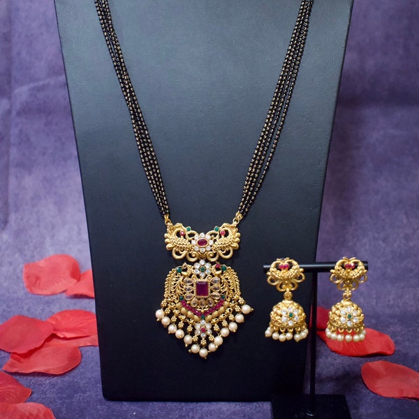 Traditional Temple Jewelry Mangalsutra Set - Black Beads Chain Necklace for Brides