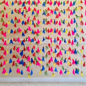 May include: A wall decorated with colorful fabric tassels hanging from gold string. The tassels are in shades of pink, blue, yellow, and green.