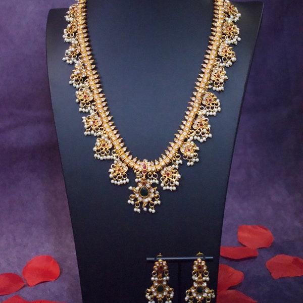 Pearl Long South Indian Haram Necklace Set - Elegance for Indian Weddings and Cultural Celebrations