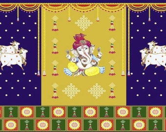 5 x 8 FT Ganapati/Ganesha Pichwai and Cow Backdrop - Divine Fabric Art for Puja, Weddings, and Housewarming