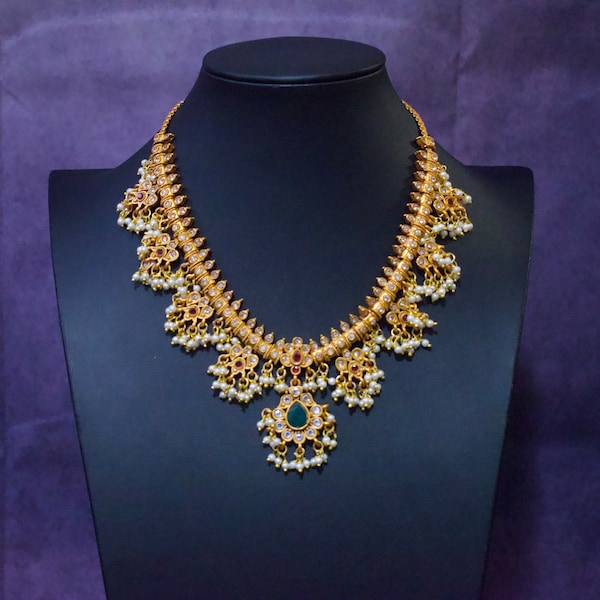 Pearl Choker / south Indian jewelry/guttapusalu south Indian haram / gold necklace set/long temple jewelry indian wedding