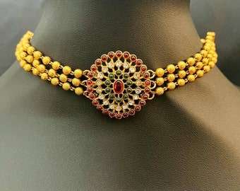 Radiant Elegance: Golden Beads and Crystal Stones Choker Necklace Set - Embrace Indian Glamor