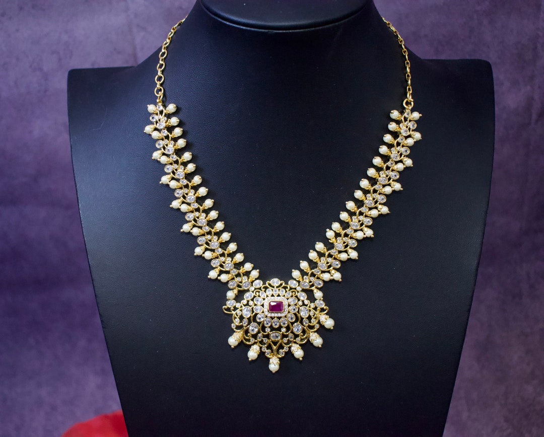 Gold Muvvala Haram Necklace With Pearls and Cz Stones /south - Etsy