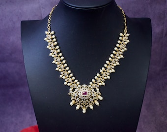 Gold Muvvala Haram Necklace with Pearls and CZ Stones - South Indian Elegance