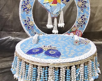 Handcrafted Wooden Singhasan for Ganesha and Laddu Gopal with pearls and lace