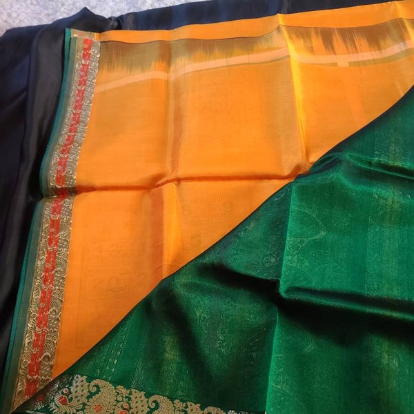 Dark Peacock Color Half Tussar Different Pallu Saree With Contrast Matching Blouse