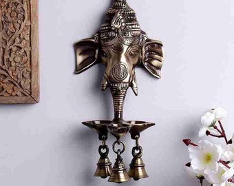 Brass Ganesha Hanging With 3 diya and Bells