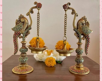 Brass Peacock Lamp Set with Precious Rings and Stone Work - Radiant Home Decor