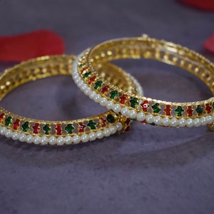Set of 2 Indian Traditional Golden Stone Bangles - Maharashtrian Moti ...