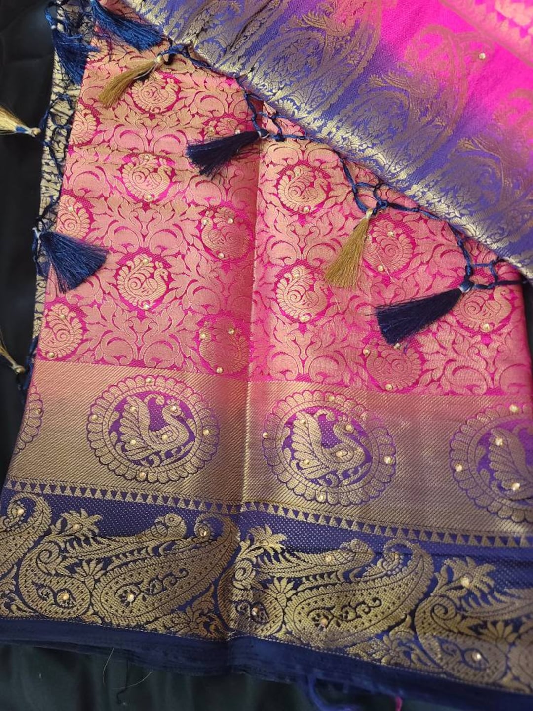 Traditional Kundan Embellished Saree with Royal Contrast Brocade Border