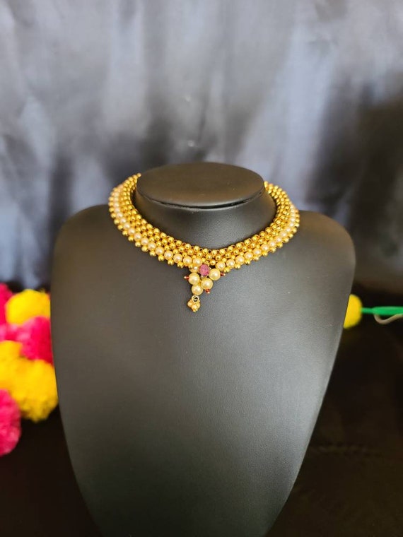 Maharashtrian Elegance Gold Kolhapuri Thushi Necklace Set With