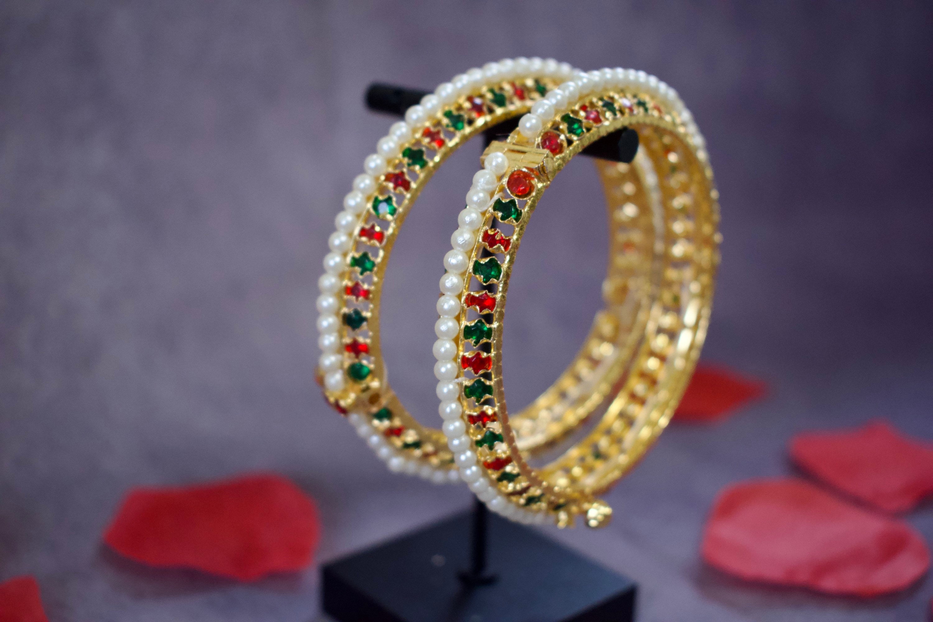 Set of 2 Indian Traditional Golden Stone Bangles Maharashtrian Moti Tode Kada Etsy Canada