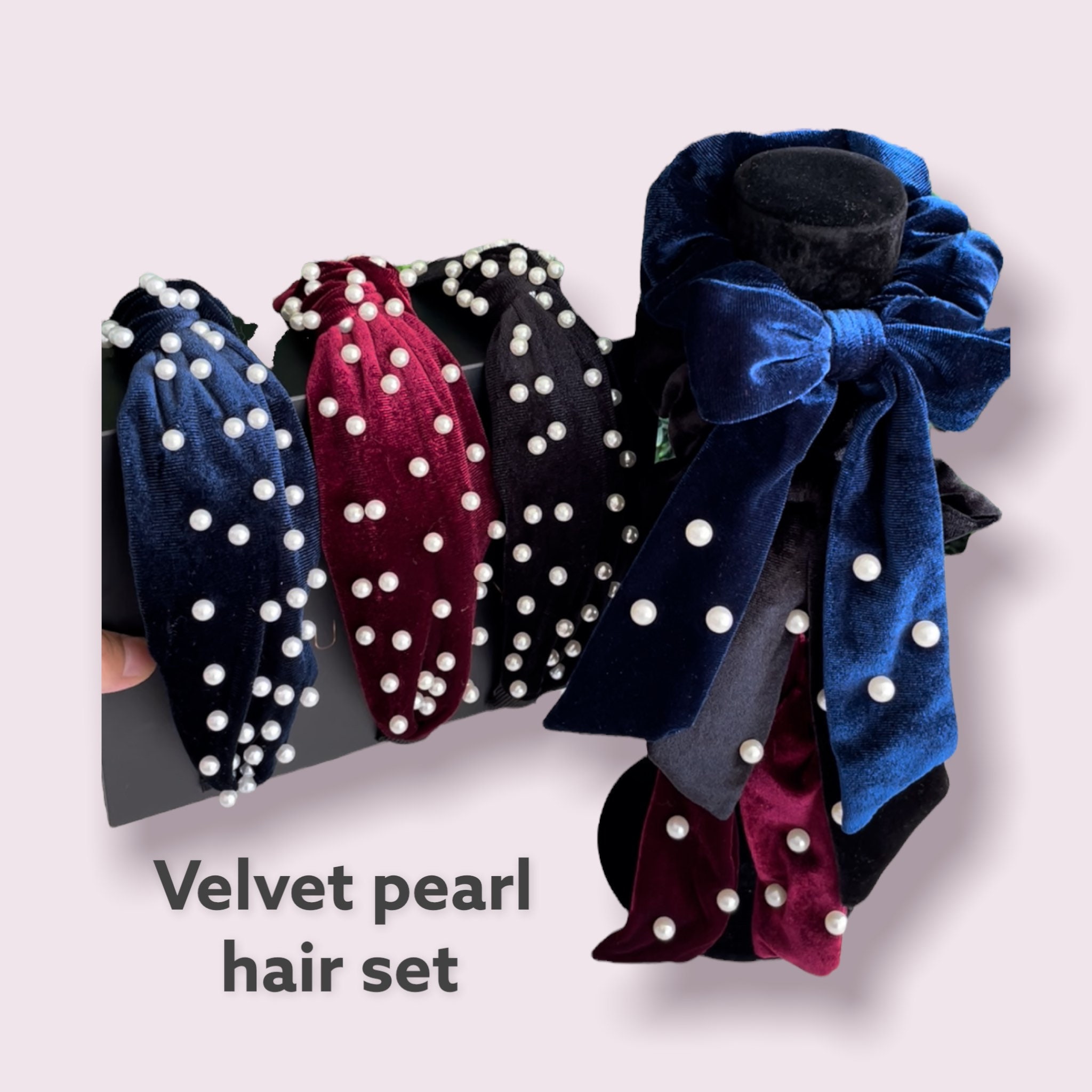 Velvet Pearl Headband Set: Knotted Headband & Bow Scrunchie  display picture 2