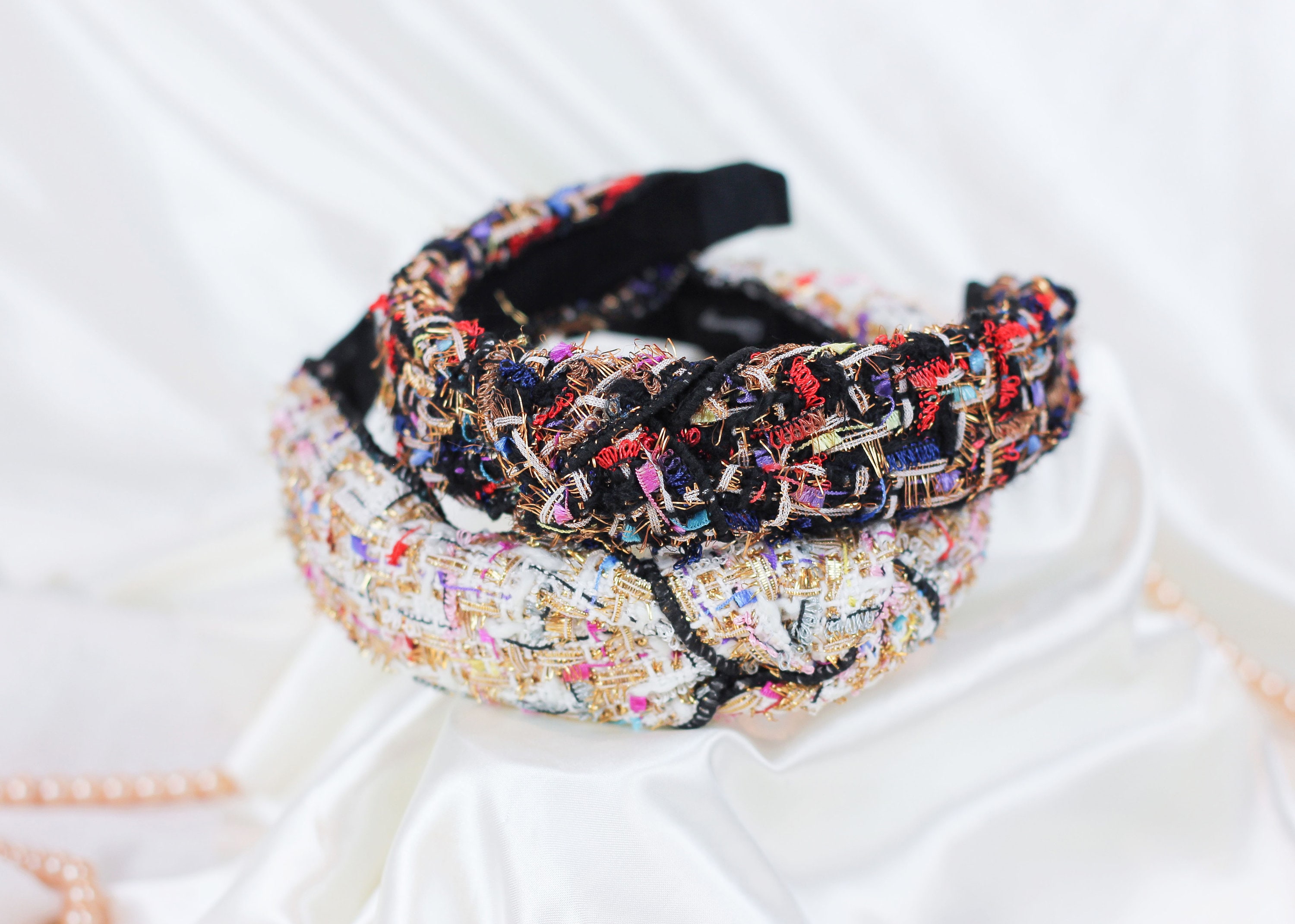 Elegant High Fashion Tweed Headband Twine and Love | Plaid Jeweled Knotted Headband | Luxury  main image 4
