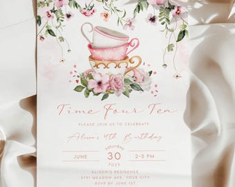 Floral Tea Party Birthday Invitation for Girls 4th Birthday, Digital Download