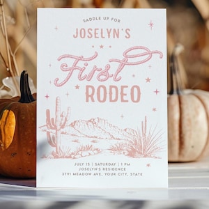 Pink First Rodeo Birthday Invitation | Editable Western Cowgirl Party Invite | Soft Pastel Rodeo Theme | Girl’s 1st Birthday Template