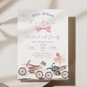 Faire-part d'anniversaire motos tout-terrain et tutus - Invitation de fête modifiable pour frères et sœurs - Ballerine fille imprimable et téléchargement d'anniversaire pour garçon tout-terrain