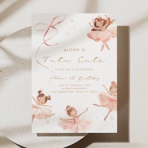 Invito di compleanno modificabile per ballerina per il secondo compleanno, modello di invito per festa di balletto con tutù rosa, download digitale