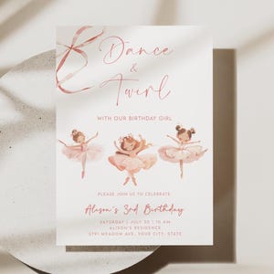 Bewerkbare ballerinaverjaardagsuitnodiging met 3 schattige dansers | Uitnodigingssjabloon roze balletfeest dansen en draaien voor meisjes | Digitale download