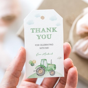 Green Tractor Thank You Tag: Farm Birthday Favor (Digital Download, Editable Template 2x3.5&quot;)