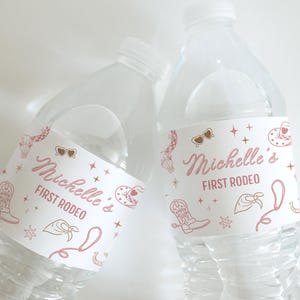 Pink First Rodeo Water Bottle Label – Editable Cowgirl Birthday Bottle Wrap – Printable Western Party Decor – Digital Download