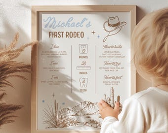 Pode incluir: Uma impressão emoldurada intitulada "Michael's First Rodeo" com uma ilustração de chapéu de cowboy. A impressão inclui detalhes como peso (8,6 kg), altura (71 cm) e coisas favoritas. O fundo apresenta uma paisagem desértica.