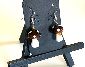 Brown Dangle Mushroom Earrings // Glass Mushroom Beads