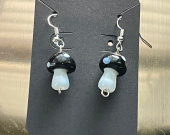 Black Mushroom Dangle Earrings // Glass Beads