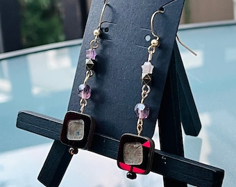 Red Interior Bronze Square Glass Dangle Earrings // Wine Red Glass Beads