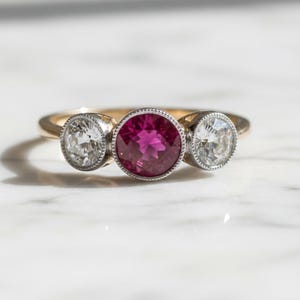 Dainty Three Stone Engagement Ring, Milgrain Bezel Set Ruby & White Round CZ Stone Ring, Two Tone Gold Wedding Ring For Her, Birthday Gift