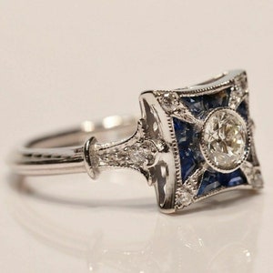 Old European With Blue Sapphire Baguette Cut CZ Stone Ring, Art Deco Wedding Ring, Engagement Bride Ring, Delicate Minimalist Ring For Her