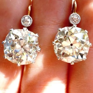 Brinco de gota com diamantes em moissanita lapidada em estilo antigo (Old Mine & Old European Cut), brinco de alavanca com duas pedras, brinco bicolor dourado em estilo vintage, presente para ela.
