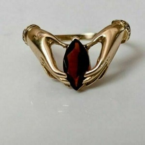 10x5 MM Marquise Cut CZ Stone Claddagh Ring, Red Garnet CZ Gemstone Ring, 14K Gold Engagement Ring, Hand Holding Ring, Wedding Proposal Ring