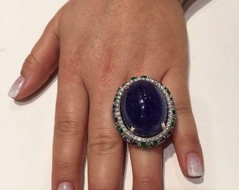 25X20 MM Blue Cabochon CZ Stone Ring, Huge Halo Anniversary Ring, Cocktail Ring For Her, Party Wear Ring, Gemstone Ring For Birthday Gift