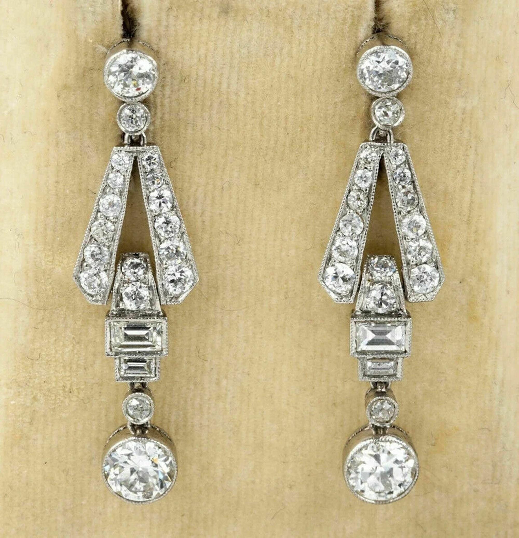 2.45 TCW Baguette & Old European Cut Moissanite Diamond Earrings, Circa 1920 Art Deco Inspire Dangle Earrings, Mid-Century Earrings For Her