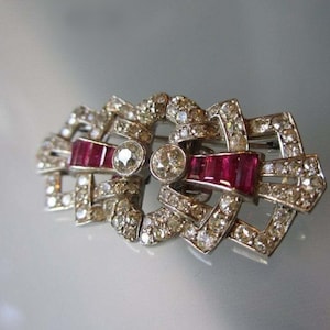 Antik rubinbrosch med diamanter, rosa baguette och gammal europeisk diamantbrosch, edwardiansk brosch för kvinnor, viktoriansk silver- eller guldbrosch