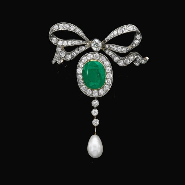 Broche esmeralda Belle Epoque, broche de halo de arco de cinta antigua, cojín verde y broche con motivo de arco de diamante redondo, broche de oro de piedra preciosa vintage