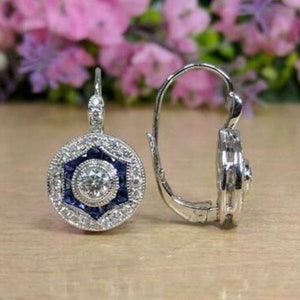 Lever Back Earring, White And Sapphire Round & Baguette Cut Diamond Earring, Wedding Engagement Earring, Art Deco Earring For Women