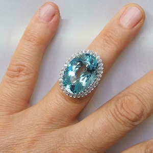 Aquamarine Oval & Round Cut CZ Stone Ring, Cocktail Halo Wedding Ring, Art Deco Gemstone Ring, Party Wear Ring For Women, Engagement Ring