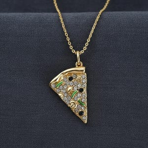 Pizza Slice Charm Necklace, Sterling Silver Food Jewelry, Round Moissanite Diamond Necklace, Food Lover Gift For Her, Everyday Wear Necklace