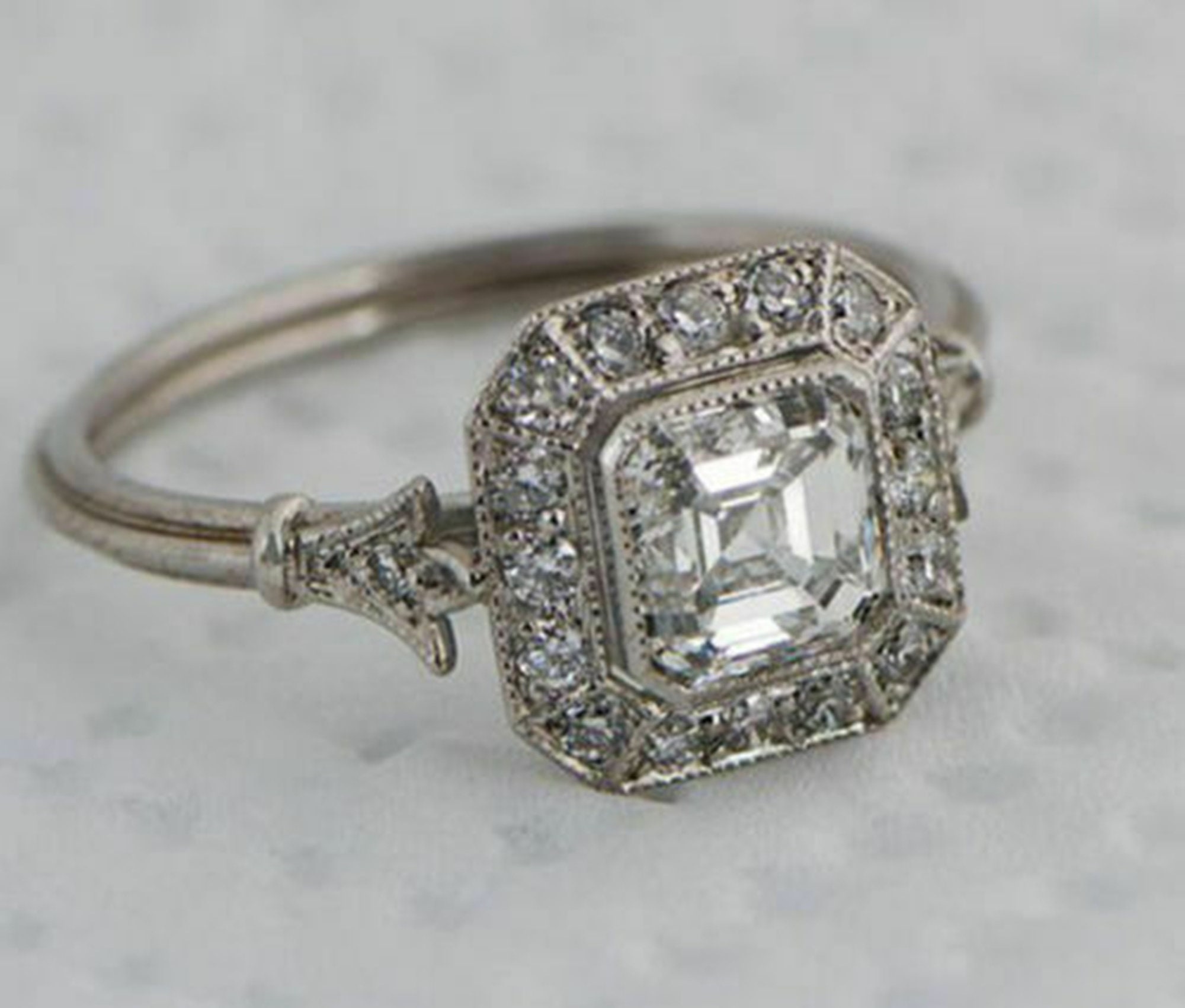 Asscher & Round Cut Moissanite Diamond Ring, Art Deco Halo Set Ring, Wedding Engagement Ring, Vintage Style 14K Gold Ring, Edwardian Jewelry