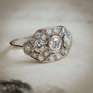 Art Deco Three Stone Ring, Bezel Set Round Cut Moissanite Diamond Ring, Edwardian Ring, Vintage Style Ring, Mid Century Ring For Women's