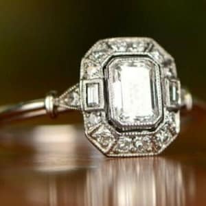 Emerald Cut Diamond Art Deco Ring, Engagement Bride Ring, Mid Century Handmade Ring, 925 Silver & 14K Gold Ring, Wedding Anniversary Gift