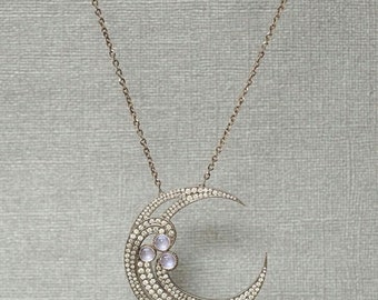 Opal With Round Cut CZ & Moissanite Diamond Pendant, Engagement Pendant, Crescent Moon Necklace Women's Pendant, Christmas Gift Pendant