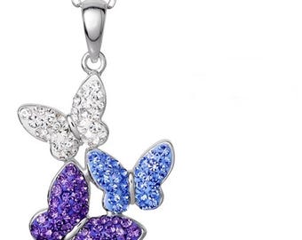 Collar con tres colgantes de mariposa, collar de mariposa multicolor, collar de boda con piedra CZ, collar para fiestas para ella, joyería de insectos
