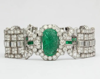 Pulsera de boda con piedras CZ de múltiples formas, estilo Art Déco, circa 1920, color esmeralda y blanco. Pulsera antigua vintage de estilo retro para fiestas.